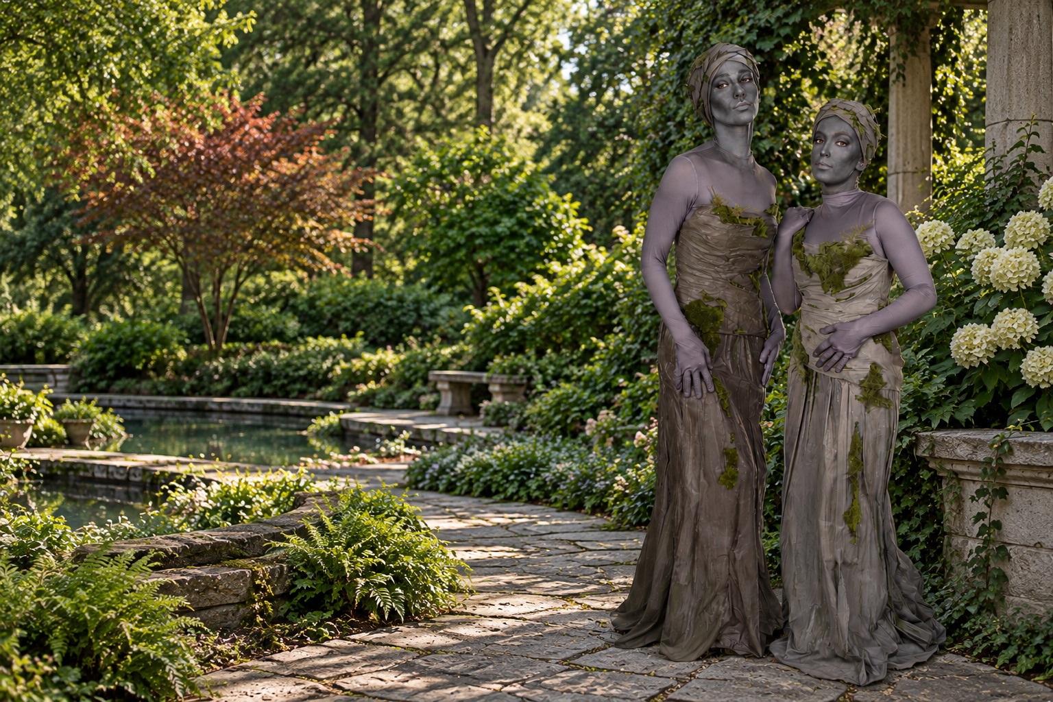 Two living statue performers in stone-gray gowns with moss details beside ivy-covered columns and reflecting pools in a lush garden