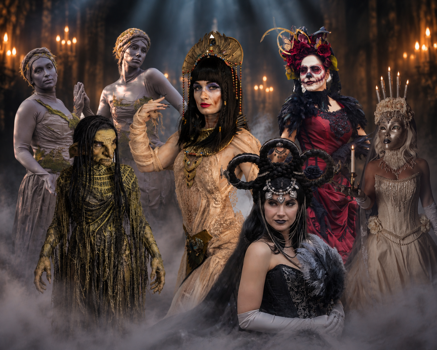 Halloween ensemble with living statues, a woodland witch, an Egyptian queen, floral skeleton makeup, and candlelit characters