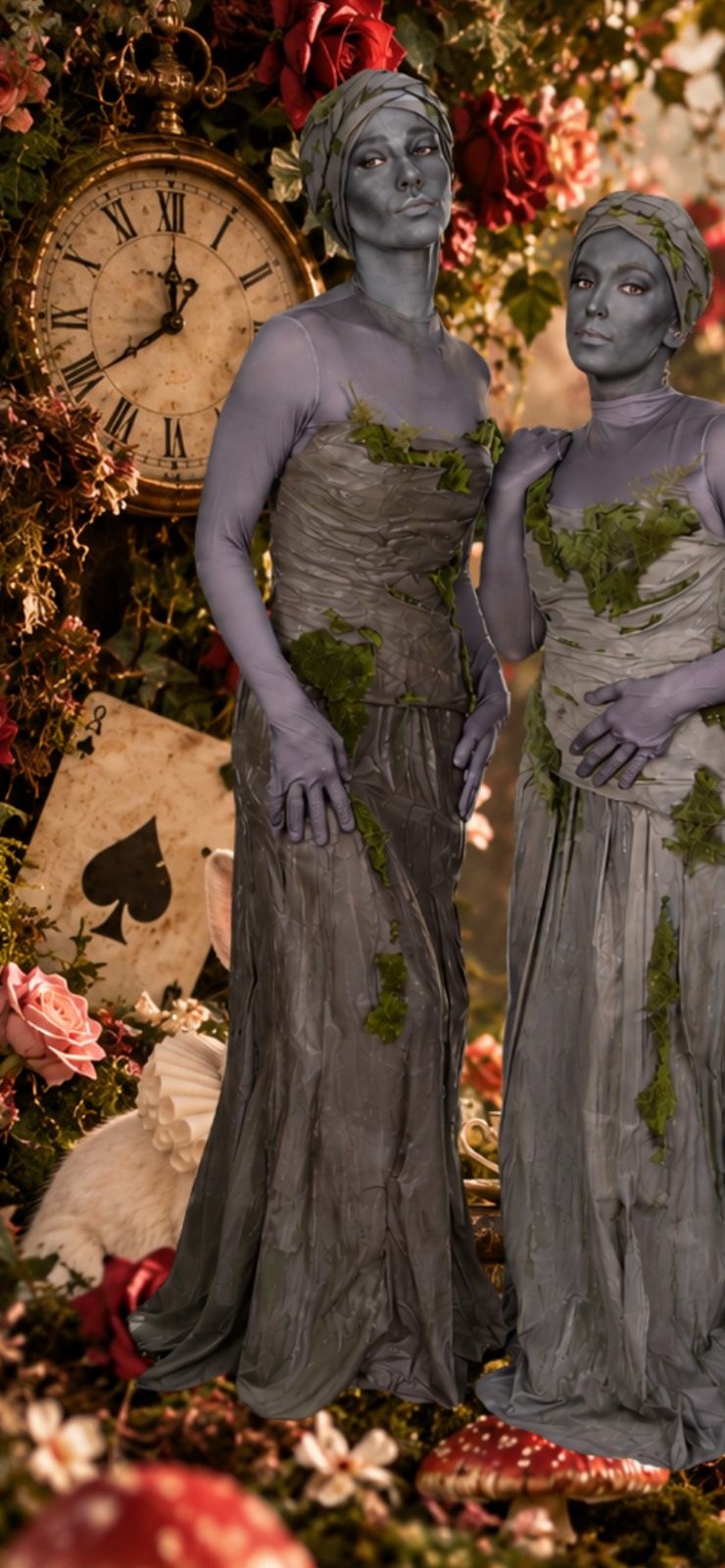 Two Eternal Muses posed as living statues with sculptural gray costumes