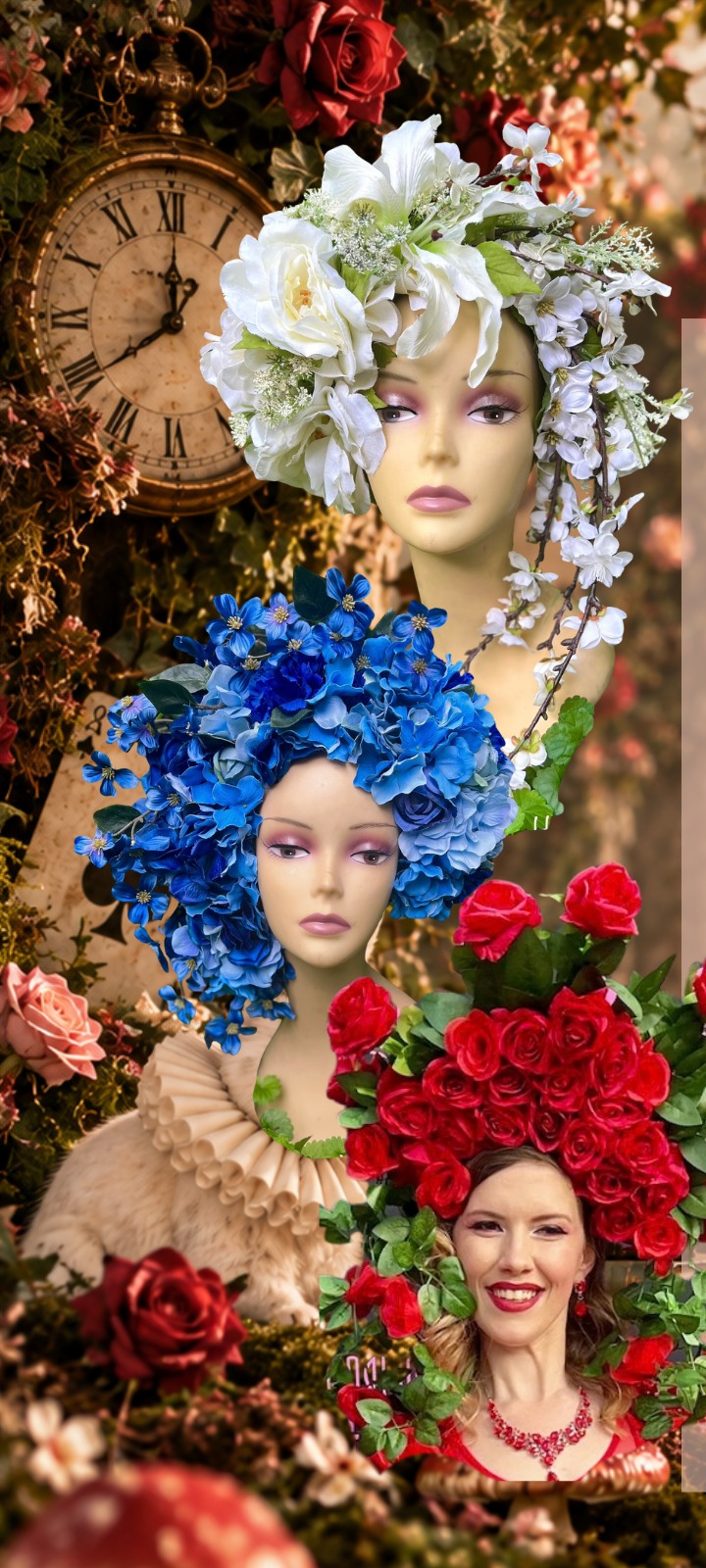 A trio of sculptural white, blue, and red floral character headpieces