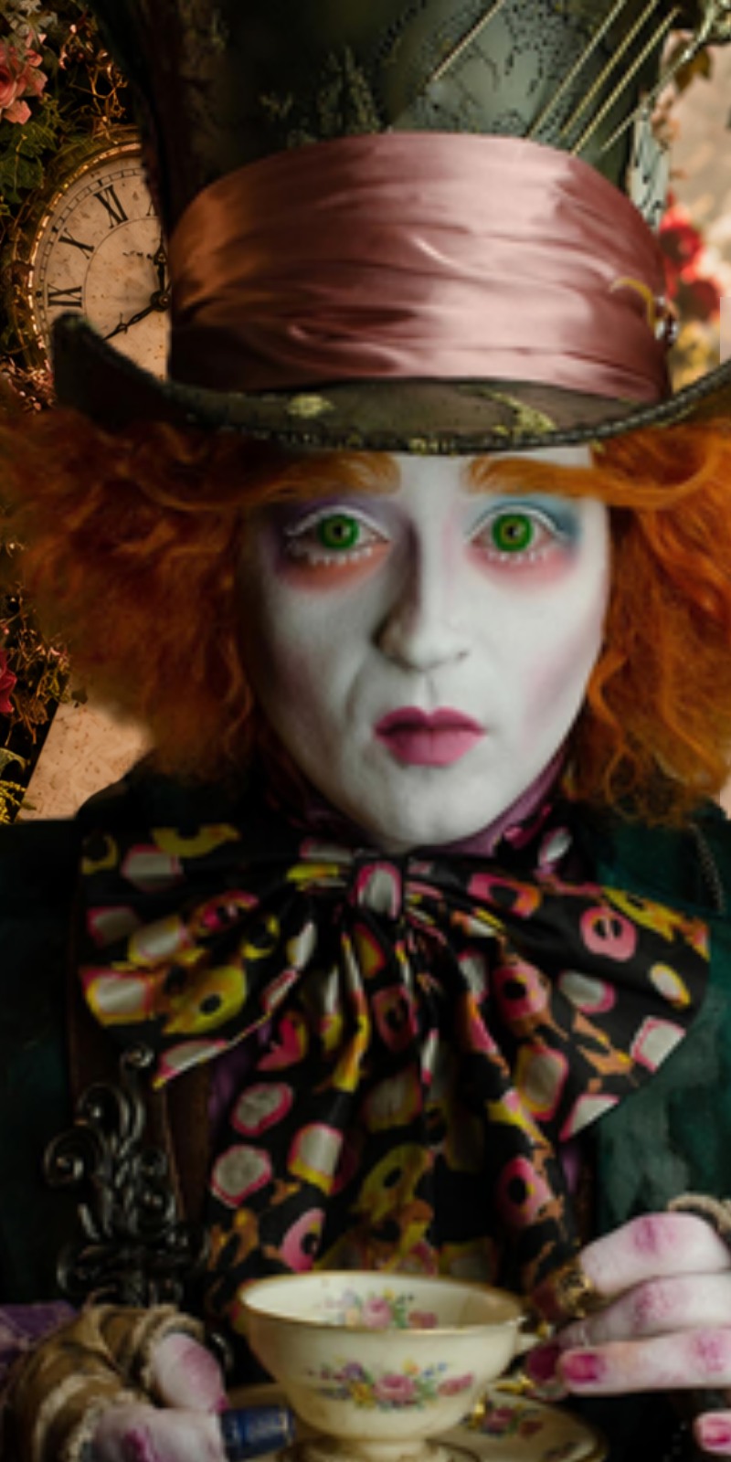 The Mad Hatter in a tall green top hat holding a delicate teacup