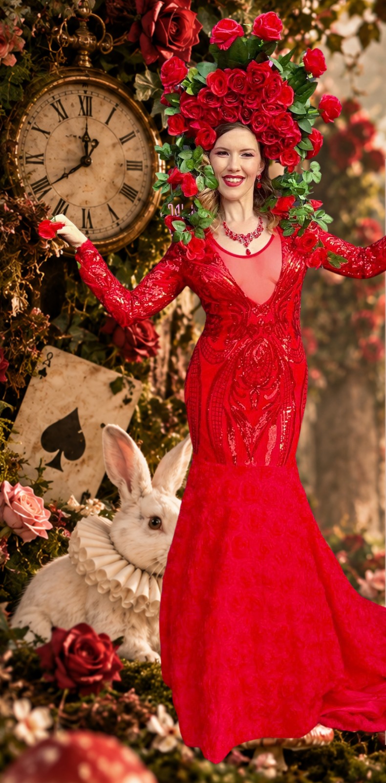 The Red Queen in a sculptural red rose headdress and sweeping red gown