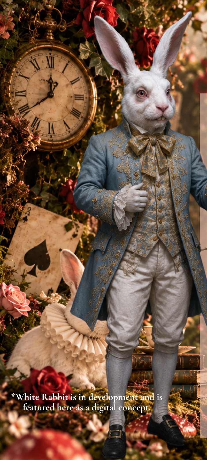 Digital concept of the White Rabbit in an embroidered blue coat holding a pocket watch