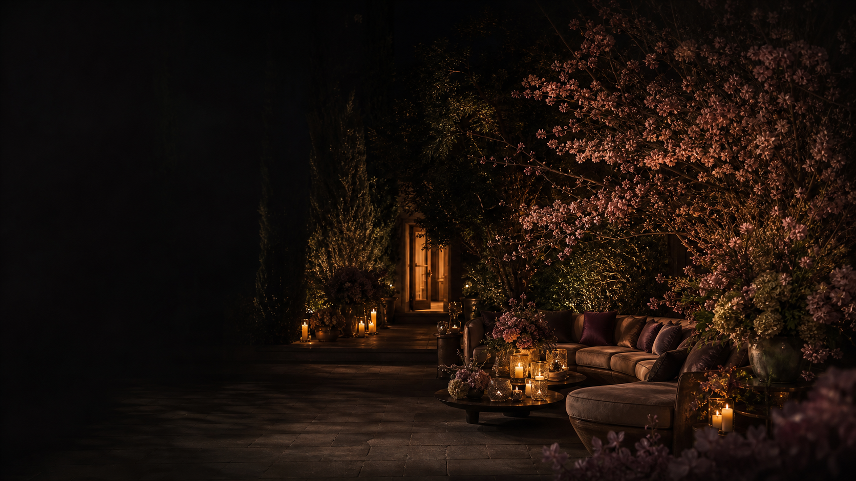 Quiet candlelit garden salon with an open illuminated doorway