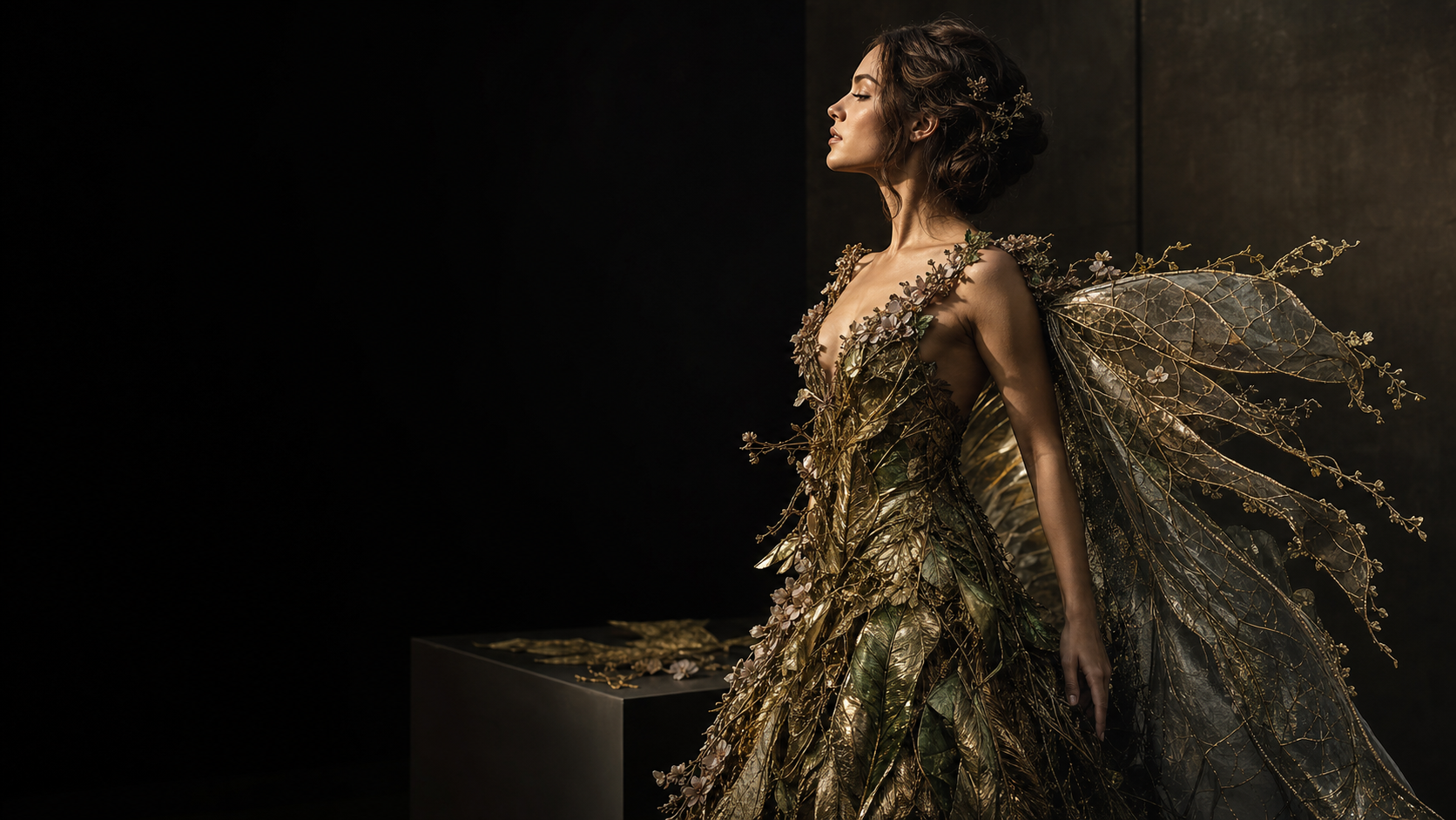 Performance artist in hand-finished botanical couture and delicate wing-like wearable art