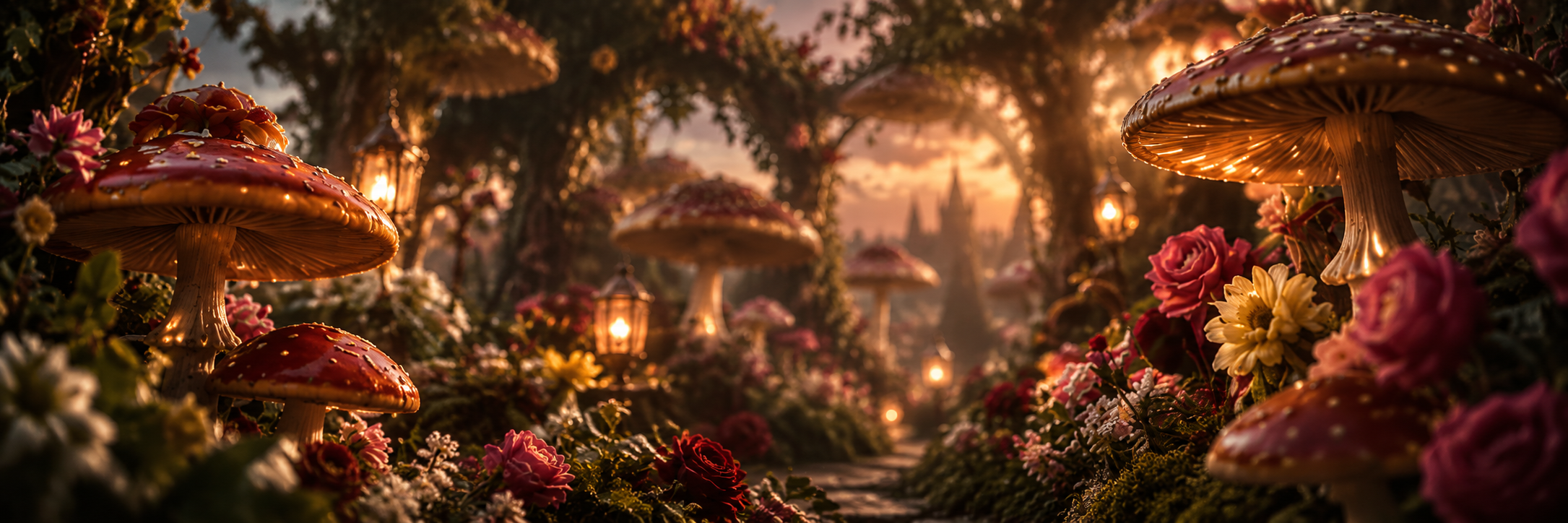 A glowing path through an enchanted mushroom garden at sunset