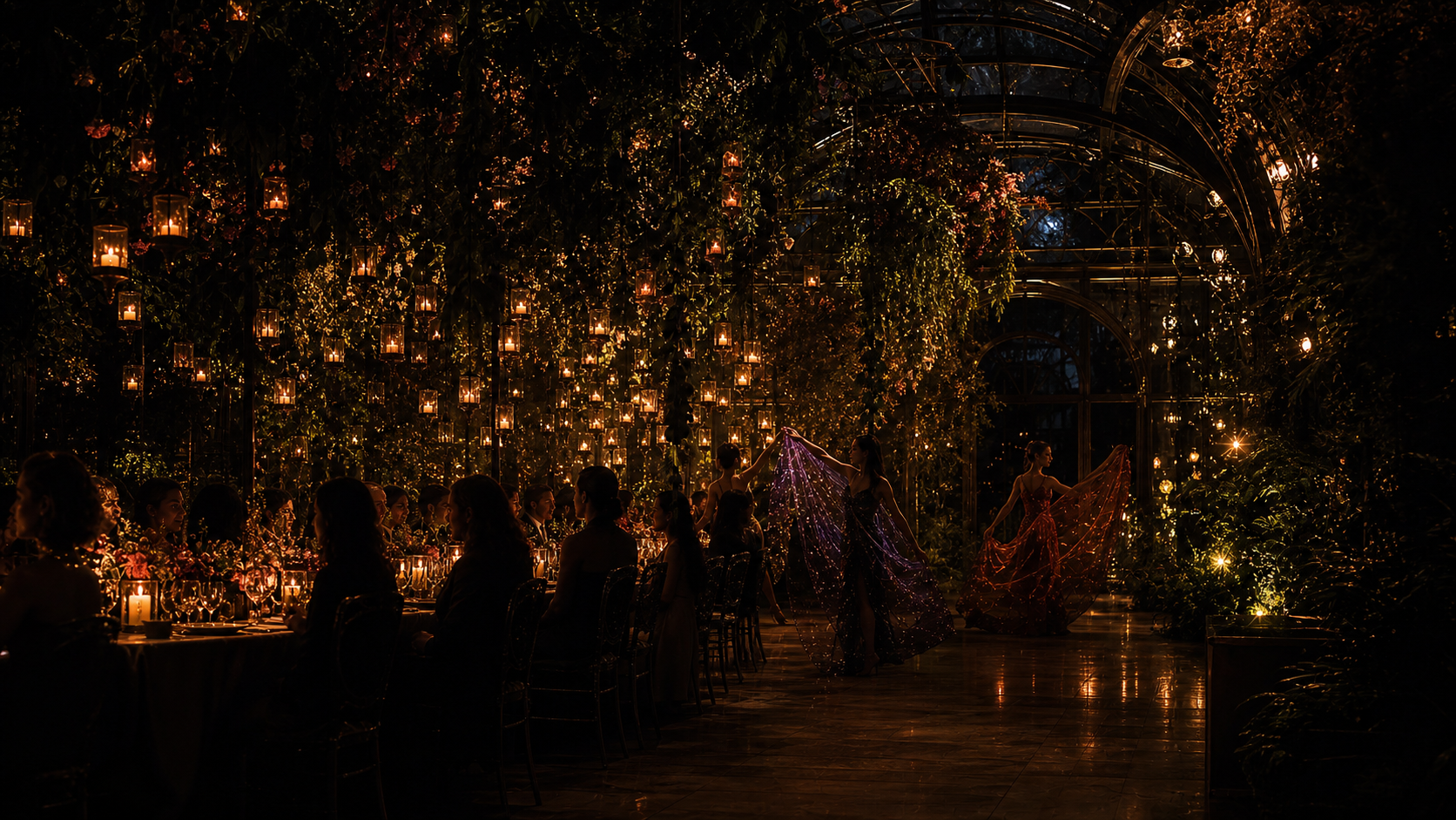 Candlelit immersive dinner environment inside a botanical glasshouse after dark