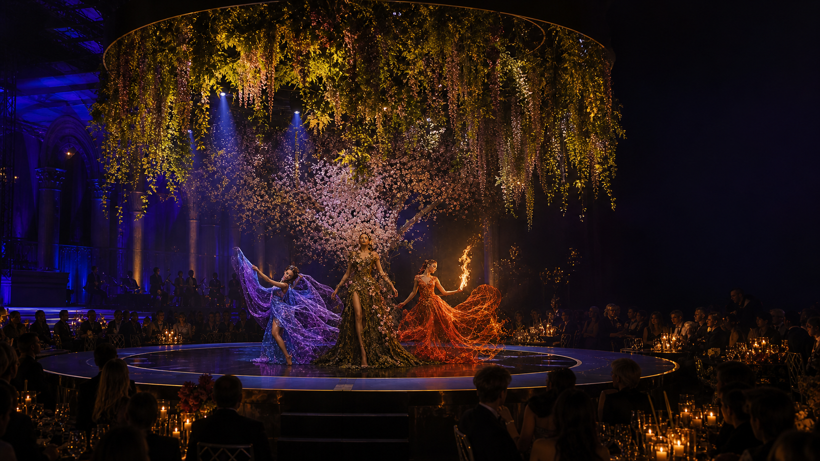 Large-scale immersive botanical performance staged for an elegant seated audience