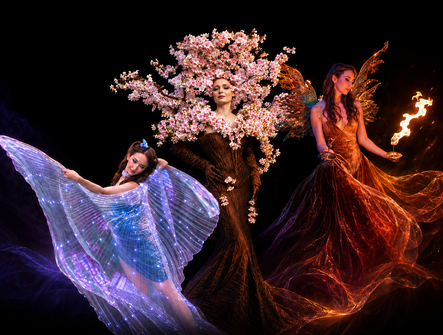 Three theatrical performance artists beneath a flowering tree in violet, botanical, and ember-toned couture