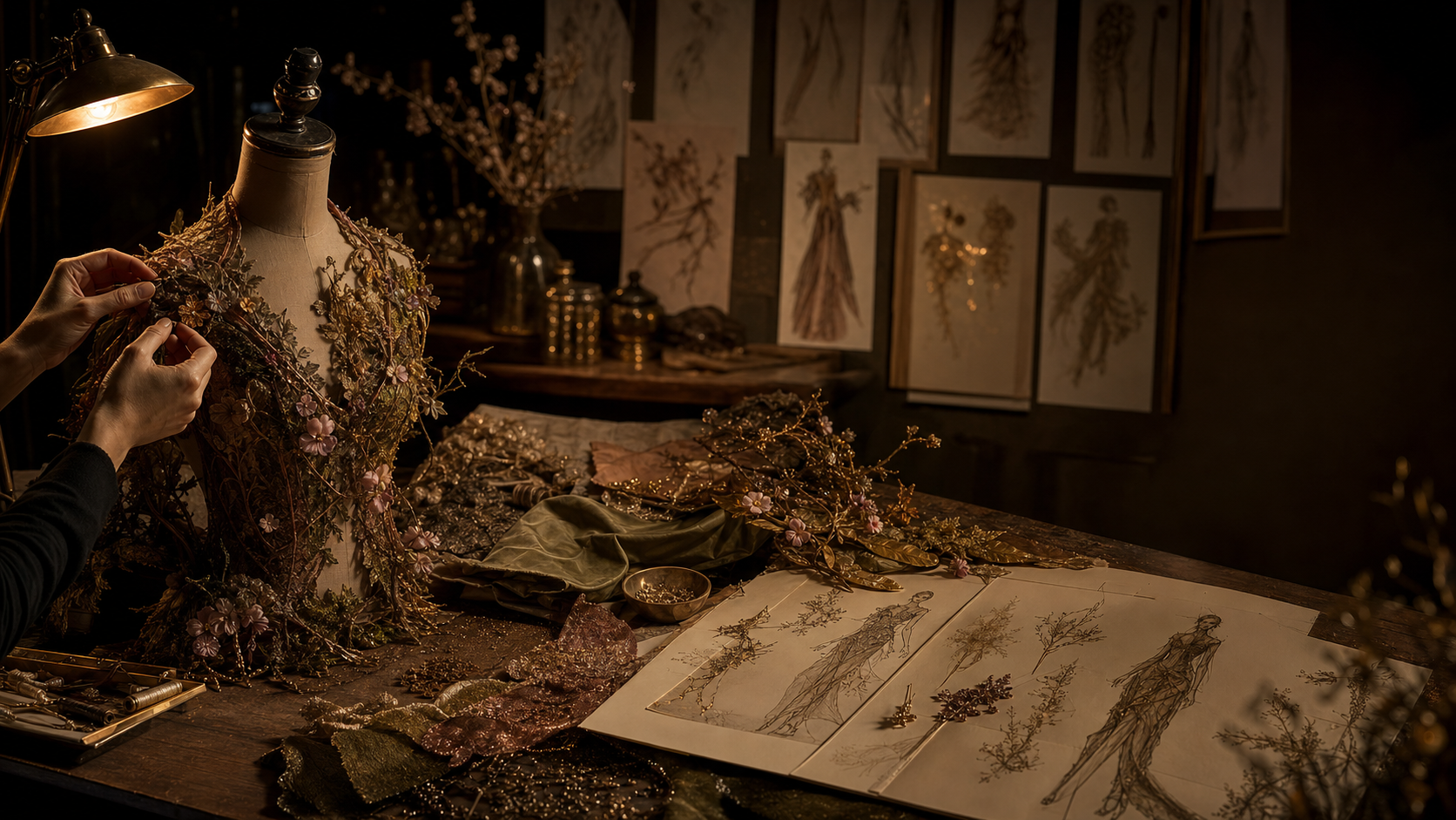 Artisan hand-finishing botanical wearable art in a warm, sketch-lined atelier